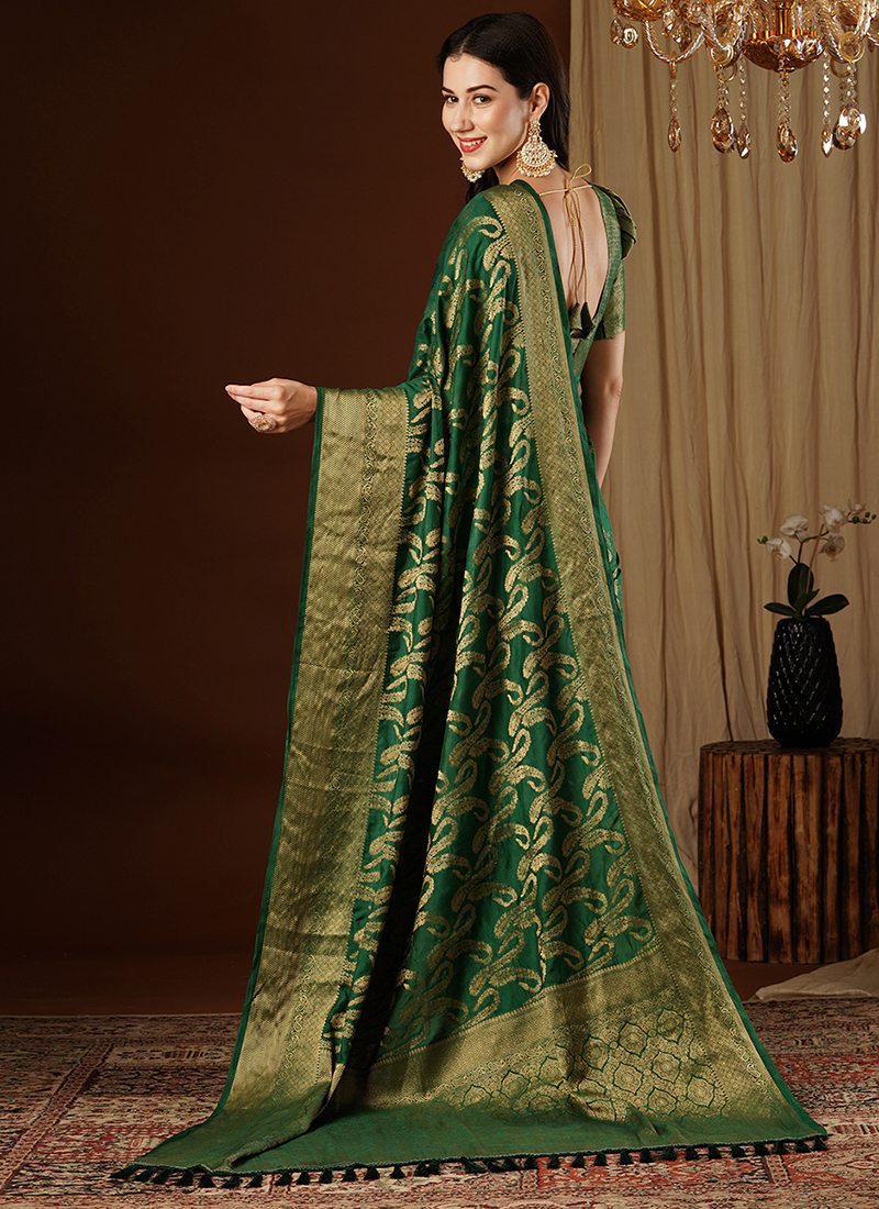 Buy Viscose Dola Silk Green Festival Wear Weaving Saree Online From